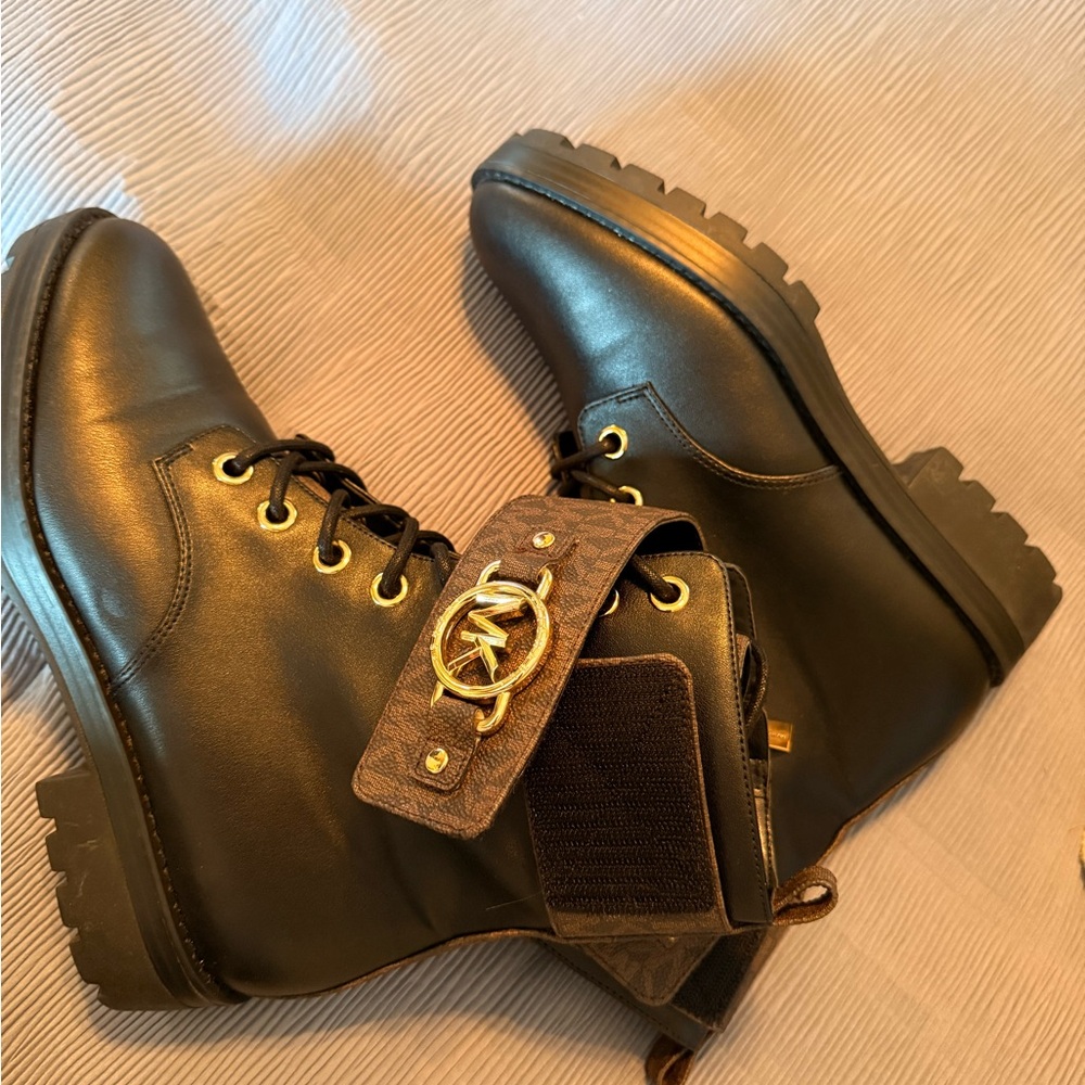 Michael Kors Black Leather Ankle Boots with Brown Straps - Picture 6 of 8